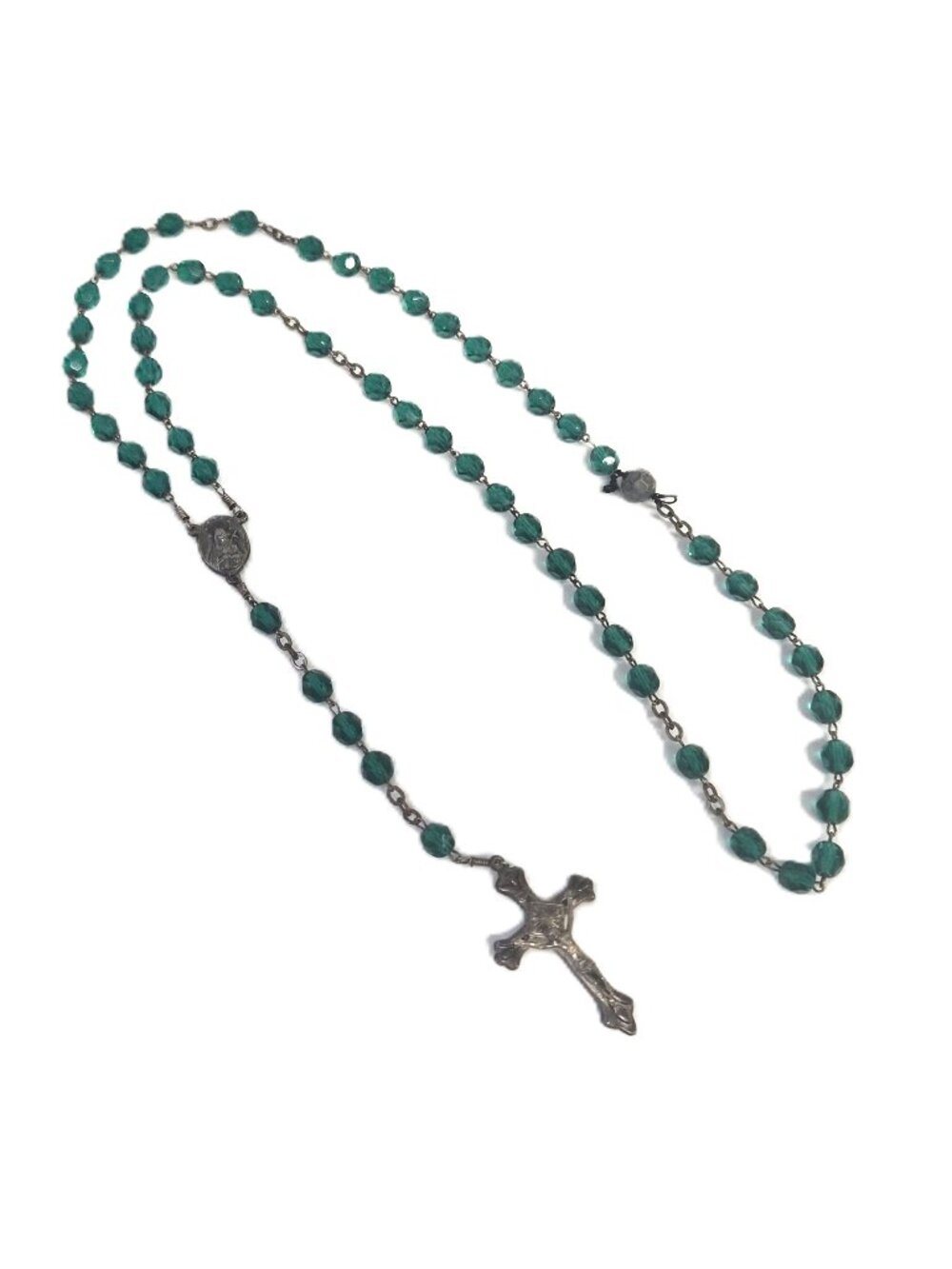 VTG Green Czech Glass Jerusalem Rosary Our Lady of the Cross Pilgrim Beads Faith